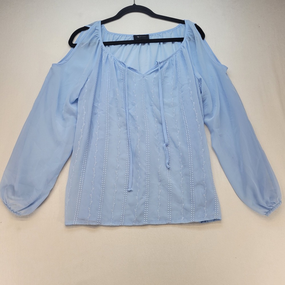 AB Studio Blouse Womens M Light Blue Boho Cold Shoulder Embroidered Tie Neck